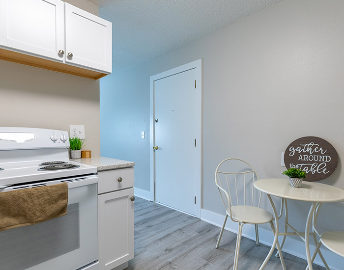 empty kitchen with white cabinets